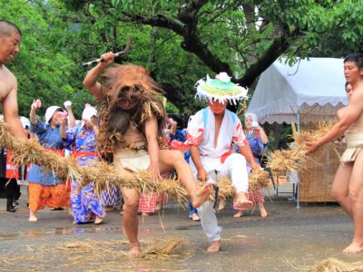 稲作行事ユーモラスに演じる