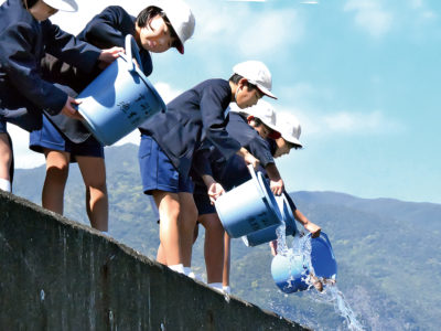 住用町市小マダイ稚魚放流作業