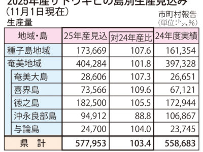 奄美地域キビ25年産生産量